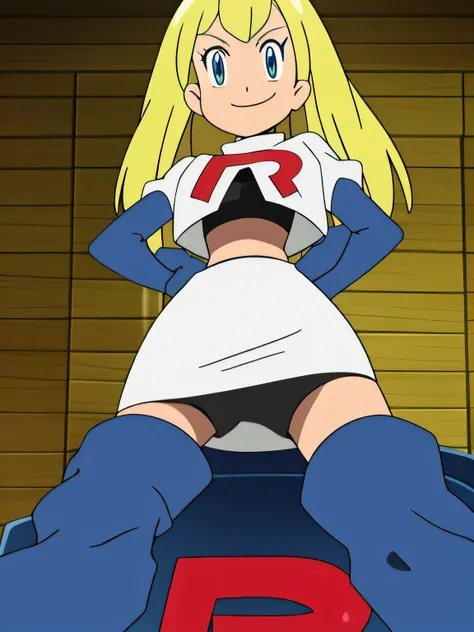 team rocket uniform, red letter r, white skirt,white crop top,black thigh-high boots, black elbow gloves, evil smile, looking down at viewer, hands on hips, spread legs, from below, black panties
