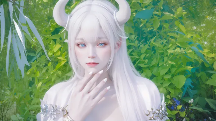 there is a woman with white hair and horns on her head, reine démon aux cornes blanches, pale peau blanche en porcelaine, pale milky white porcelain skin, pale snow white skin, peau blanche en porcelaine, mystique albinos, albinos, white and pale skin, por...