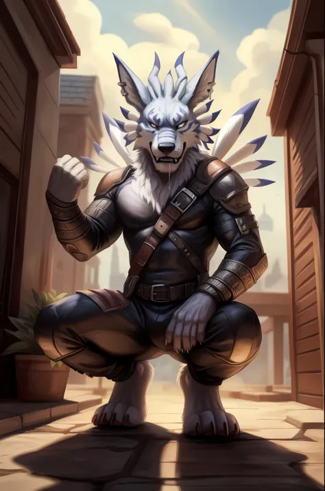 (((Barefoot furry character, full body, cinematic setting, furry male))) 
Barefoot hypnotised WereGarurumon wears ((black ninja suit)), tebowing, detailed paws with claws, blue fur, in a trance, a look of weak resistance to hypnosis on his face, drooling, ...