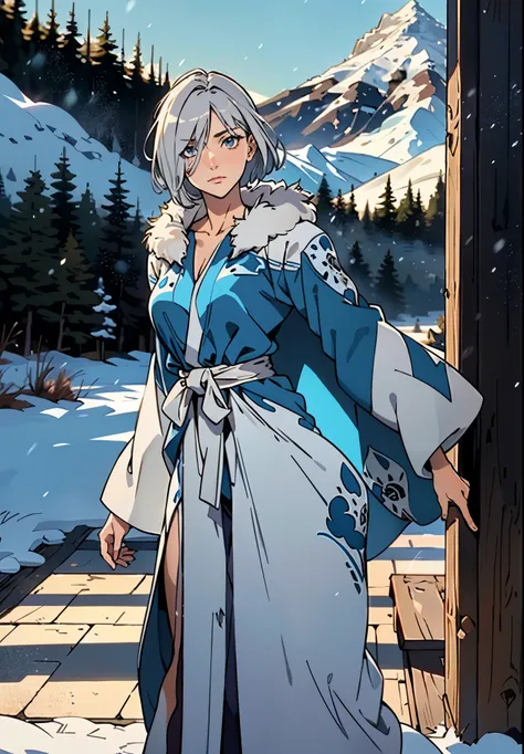 A woman with short silver-gray hair, thick bangs covering the right half of her face, delicate features, a serene expression, a simple floor-length gray-blue robe, with a thick white fur coat worn over it, long sleeves patterned like animal skeletons, stan...