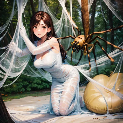 1girl,Spider weaving a net on the girl,réalism:1.2,ultra-detailed,bedroom setting,stretched pose,struggling in the net,brown haired,very long sheer skirt,oaken floor,soft sunlight,delicate spider silk,lace curtains,bedside table,decorative pillows, spider ...