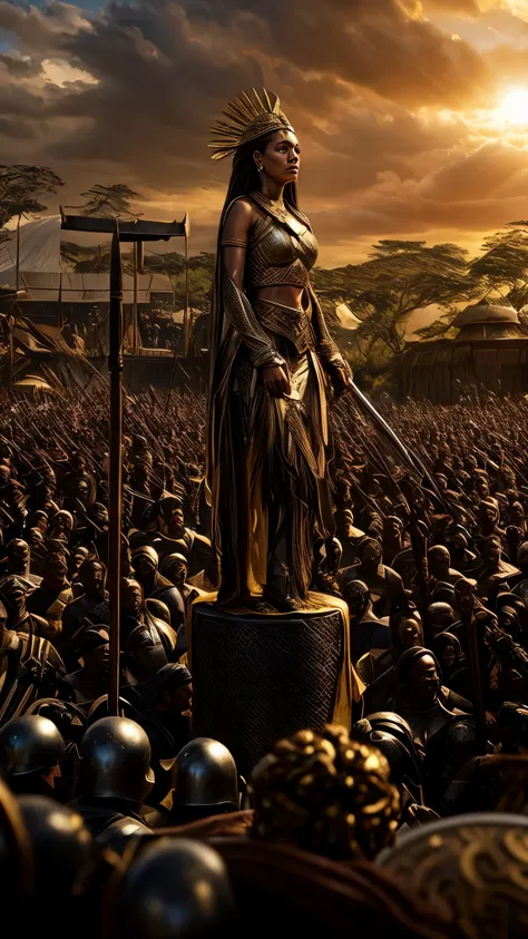 arafed woman standing on a pedestal in front of a crowd of people, african queen, cinematic goddess shot, cinematic cgsociety, amazing 8k character concept art, [ cinematic, warrior queen, african domme mistress, epic cinematic concept art, amazingly epic ...