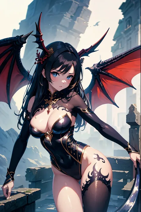 a sexy woman with dragon wings, fog, soft light, (best quality), (masterpiece), slim, anime, tall, (body painting), (front view)
