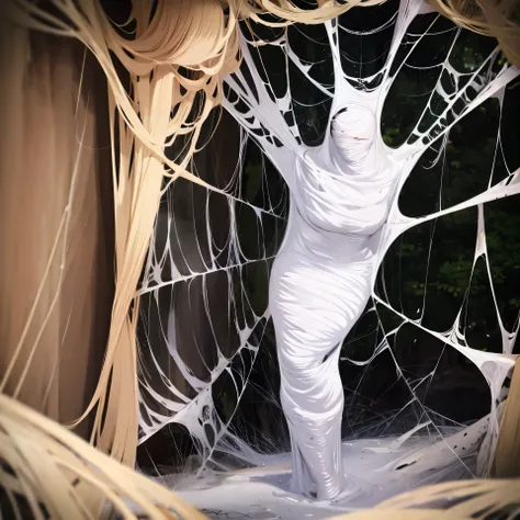 a girl entangled in the spider web, struggle, detailed classroom, (cocoon:1.3), spider web, hanging, spider in the web, spider