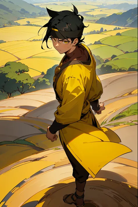 1male, black hair, headband, earthbender, earthbending clothing, green and yellow clothing, golden eyes, serious expression, ((rural earth kingdom background)), rural background, earthy background, detailed background, walking on path, handing behind back