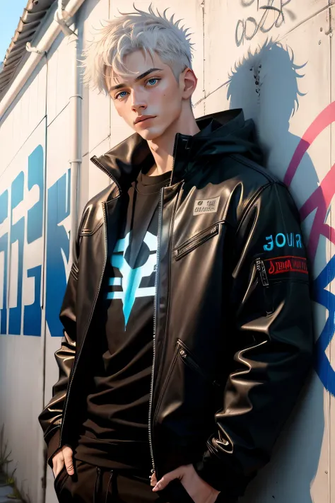 masterpiece, best quality, high quality, 1boy, solo, tall male focus, white hair, glowing blue eyes, looking at viewer, Gojo, background dark wall with graffiti