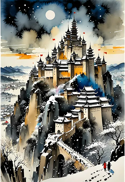 by Wu Guanzhong, ink and wash, castle celebration, nighttime, snow, cosmic colors, high saturation (best quality, perfect masterpiece, Representative work, official art, Professional, high details, Ultra intricate detailed:1.3)