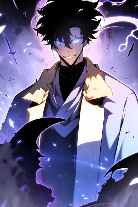 a man in fantasy clothes, wild black hair, wild hair in a ponytail, white blue eyes, scar on the nose, scary smile, black scarf,...