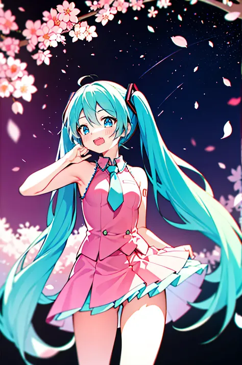 hatsune miku　Show from head to thigh　cheeks are red　Natural Laughing Face　cute face　small breasts　small ass　good style　Near the cherry blossoms　Cherry blossom petals are dancing　My butt is hidden by the skirt