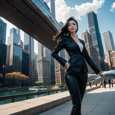 Image Prompt: Immerse yourself in the dynamic energy of Chicagos skyline, where the iconic Cloud Gate sculpture (the Bean) reflects the bustling city below. Show a mix of sleek high-rise condos, historic brownstones, and bustling streets filled with commut...