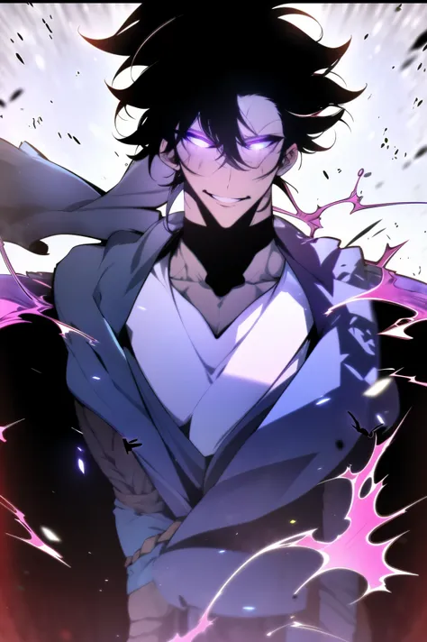 a man in fantasy clothes, wild black hair, wild hair in a ponytail, white blue eyes, scar on the nose, scary smile, black scarf,...