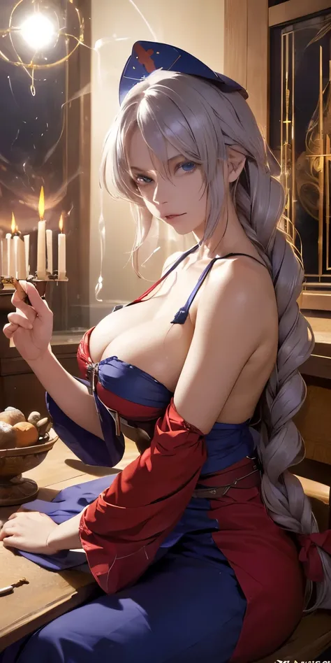 (masterpiece, best quality:1.3), (upper body:1.3), Yagokoro Eirin, Touhou Series, perfect face, expressive eyes, 1woman, looking at viewer, 38 years old, gorgeous body, big breast, beautiful, anime, lora,1woman, silver hair, braid hair, nurse cap, red and ...