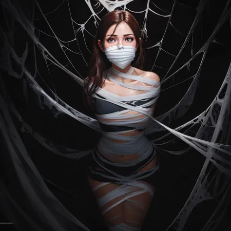 ing from the ceiling, dim lighting, dark atmosphere, oil painting style, vibrant colors, intense emotion. (best quality, highres, ultra-detailed, realistic:1.2), spiderweb, trapped, delicate facial features, fear in her eyes. half body visible,(gagged:1.4)...