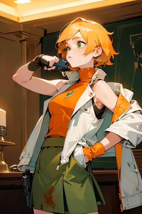 ((Cheryl Mason, blonde_hair, woolcuffs)), to8contrast style, semi-realistic, masterpiece, best quality, highres, 1girl, solo, (jacket, pockets:0.5, white_jacket:1.4, sleeveless, green_skirt, freckles, orange_turtleneck:1.4, blood:1.5), dark, (darkness:1.5)...