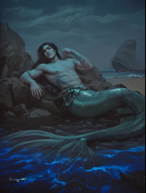 a merman, he has a black tail, his hair is long, straight and black, he is beautiful, his appearance is 25 years old, full body, on the seashore near rocks.