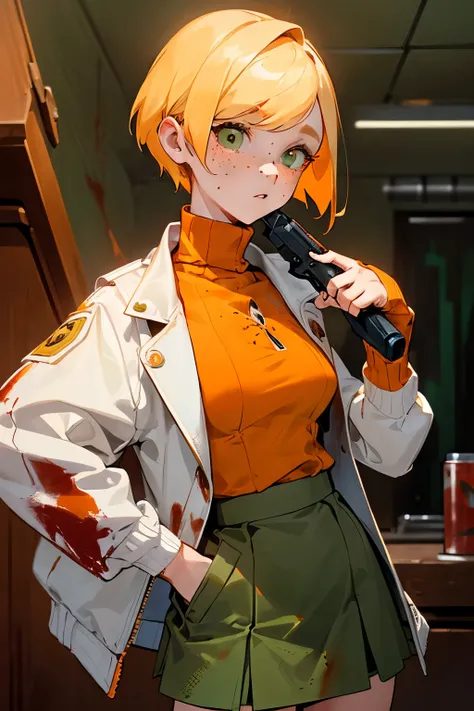 ((Cheryl Mason, blonde_hair, woolcuffs)), to8contrast style, semi-realistic, masterpiece, best quality, highres, 1girl, solo, (jacket, pockets:0.5, white_jacket:1.4, sleeveless, green_skirt, freckles, orange_turtleneck:1.4, blood:1.5), dark, (darkness:1.5)...