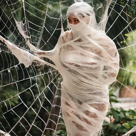 a girl entangled in the spider web, struggle, detailed classroom, (cocoon:1.3), spider web, hanging, spider in the web, spider