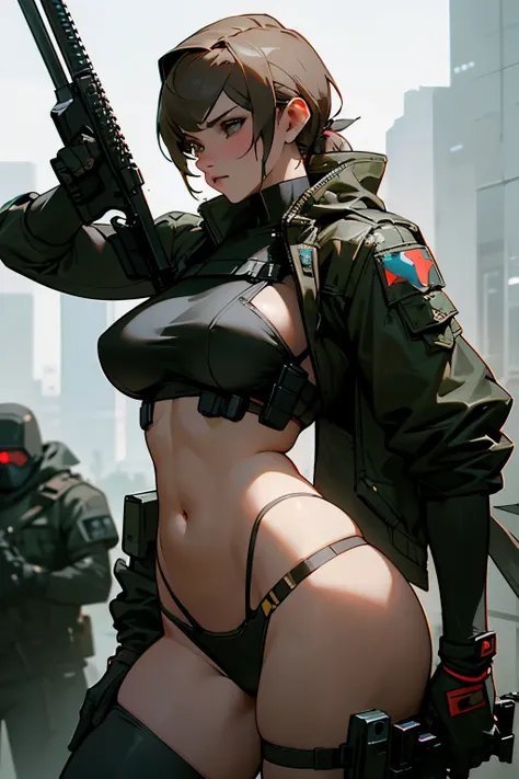 there is a woman in a sexy outfit holding a gun, quiet from metal gear solid, quiet from metal gear solid v, wojtek fus, the style of wlop, bikini + tattered military gear, seductive cyberpunk dark fantasy, [ trending on cgsociety ]!!, cyberpunk 2 0 y. o m...