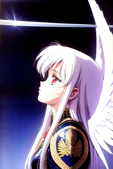 (1 girl), solo, (longsword, armor), long hair, white hair, red eyes, dramatic scene, (cinematic lighting, masterpiece, 8k, absurdres), {{white wings}}, 1990s (style), retro artstyle, {{very detailed face, intricate eyes}}