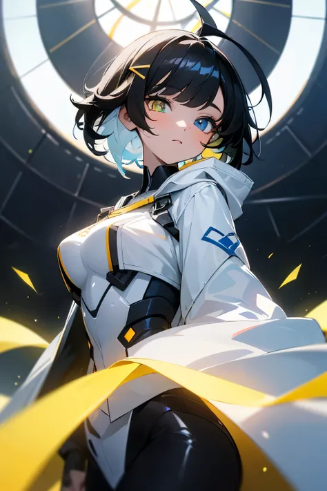 1girll, Masterpiece, Best quality, Ultra-detailed, Ray tracing, Perfect lighting, (Shiny skin:1.2),.ai_Large B0 black hair, short_Hair, Hair_decorations, ahoge, hair pin, Heterochromia, Blue_Eyes, Yellow_Eyes, Hood,