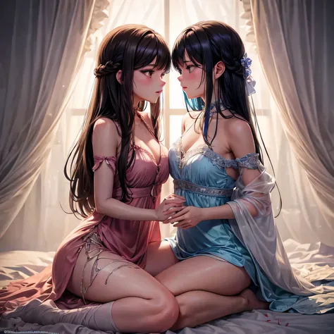 two girl making love,(bright lighting,romantic setting),dreamy background,bondage,dark hair, mesmerizing gaze, , soft skin, alluring beauty, artistic portrait, high-quality image, vibrant colors, long silk gown, in the bed, mosquito net