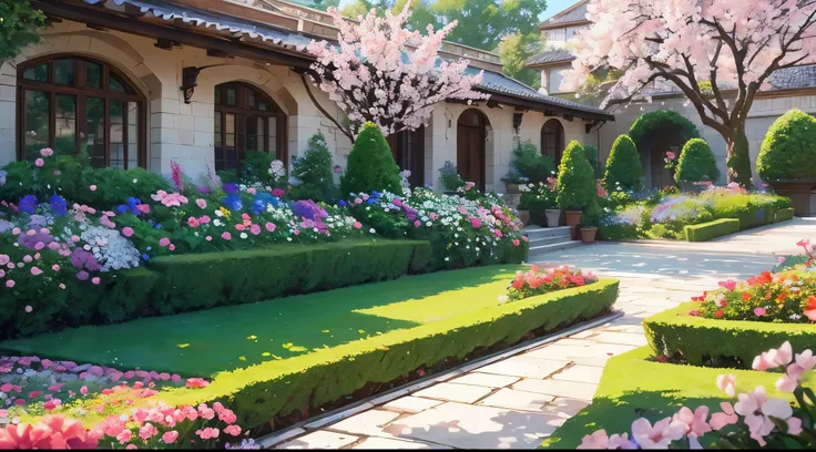 beautiful blossom flowers garden, beautiful blossom flowers, ((best quality)), ((masterpiece)), (detailed), (ultra detailed),