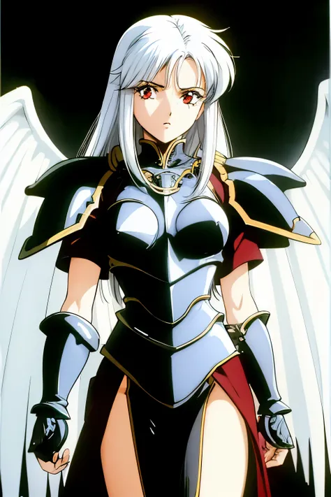 (1 girl), solo, (longsword, armor), long hair, white hair, red eyes, dramatic scene, (cinematic lighting, masterpiece, 8k, absurdres), {{white wings}}, 1990s (style), retro artstyle, {{very detailed face, intricate eyes}}