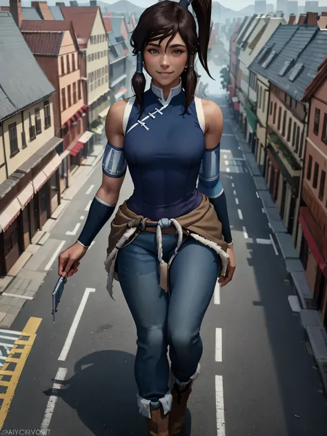 (masterpiece, best quality: 1.2), giantess, solo, 1girl, korra, dark skin, dark-skinned woman, smile, looking at viewer, ponytail, hair tubes, sleeveless, bare shoulders, walking through the village