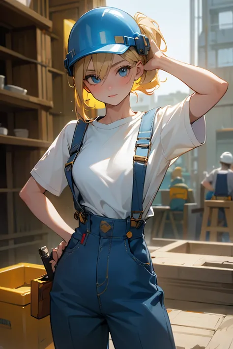 a beautiful young 20-year-old blond woman with pinned-up blond hair, He wears a white T-shirt and blue dungarees, Wearing a construction helmet and a tool belt, Hintergrund eine Baustelle