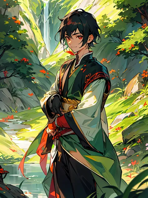 1male, Young Adult, Red Eyes, Black Hair, Short Hair, Confident Smirk, Avatar The Last Airbender, Earth Kingdom Clothes, Dark Green Robes, Valley Background, Sunny Day