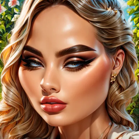 (detailed beautiful eyes, detailed lips, long eyelashes), outdoor garden scenery, portrait, oil painting, ultra-detailed subjects, vibrant colors, natural lighting, soft tones