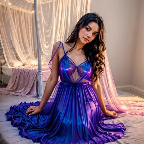 1girl,(bright lighting,romantic setting),dreamy background,,dark hair, mesmerizing gaze, , soft skin, alluring beauty, artistic portrait, high-quality image, vibrant colors,translucent long silk gown, mosquito net, lying down, romantic bedroom, 