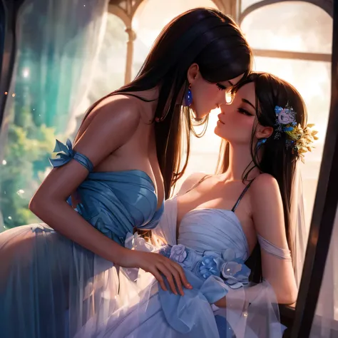 two girl kissing, see her ass,(bright lighting,romantic setting),dreamy background,bondage,dark hair, mesmerizing gaze, , soft skin, alluring beauty, artistic portrait, high-quality image, vibrant colors,translucent silk wedding dress, mosquito net,