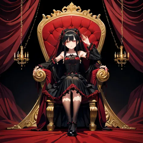 girl, long black hair, red hair, gothic. lolita black dress, , feet, armpit, sitting on throne, four arms, spiders, webs doll jo...