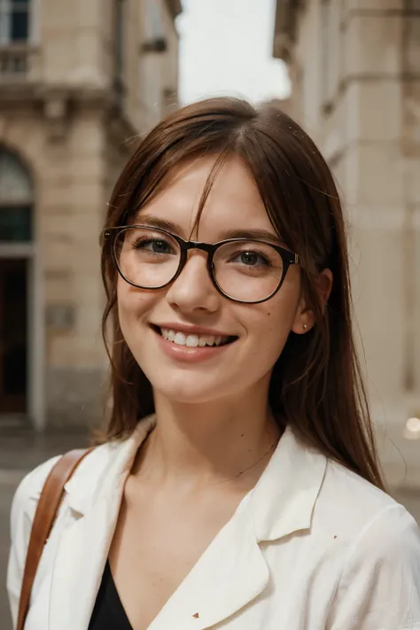 ultra realistisch, european woman with glasses, freckles and smiling