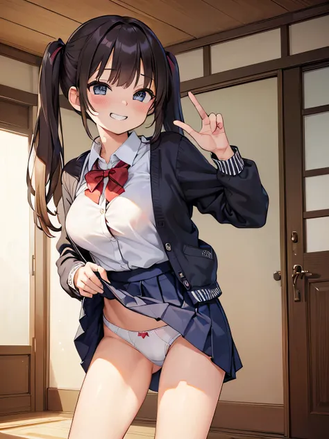 (masterpiece、highest quality、High resolution、realistic pictures、real looking skin:1.1)、1 Japanese girl、alone、Full body Esbian、beautiful eyes、shining eyes、brown hair、Entrance to the house、(Long collar shirt、Navy pleated mini skirt、cardigan、blazer、loose sock...