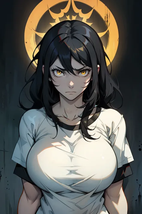 ((muscular)) girl huge breasts black hair yellow eyes despair pale girl tight shirt despair despair