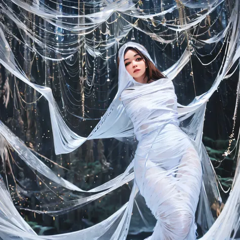 one girl tied up by another one with rope,(bright lighting,romantic setting),dreamy background,bondage,dark hair, mesmerizing gaze, , soft skin, alluring beauty, artistic portrait, high-quality image, vibrant colors, long silk gown, dressing room, (cocoon:...