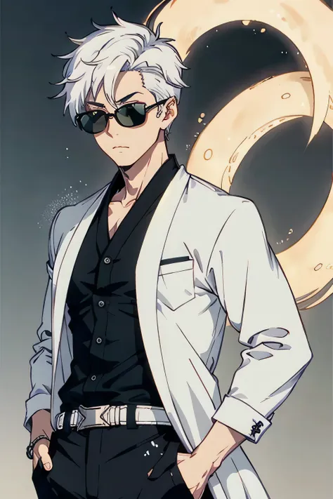 jujutsu, gojo, boy with stylish white hair, round peach black sunglass, good body, hands on the pocket, jujutsu school black out...