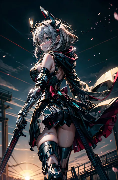 hyper quality、8K quality、High resolution、Image quality taken with a single-lens reflex camera、perfect anatomy、green eyes、Sad face、Mecha girl of justice、beautiful girl with dark silver hair、big breasts、Mechanical parts with a three-dimensional feel、（exposed...