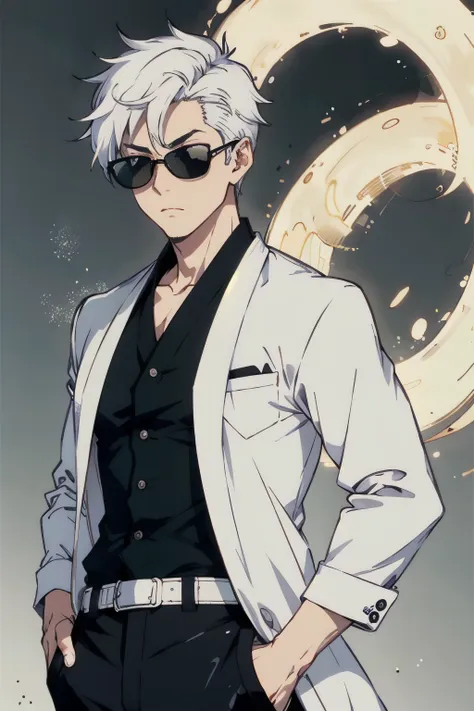 jujutsu, gojo, boy with stylish white hair, round peach black sunglass, good body, hands on the pocket, jujutsu school black out...