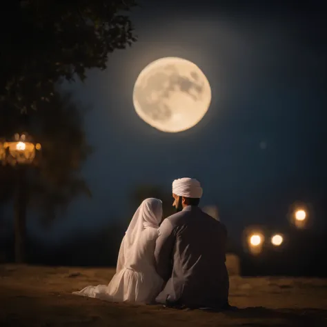 Islamia style for very beautiful lady wearing islamic uniform with hijab with handsome man together in the beautiful moon night, they looking happy and blessed 