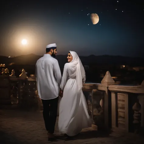 Islamia style for very beautiful lady wearing islamic uniform with hijab with handsome man together in the beautiful moon night, they looking happy and blessed 