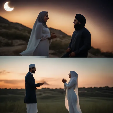 Islamia style for very beautiful lady wearing islamic uniform with hijab with handsome man together in the beautiful moon night, they looking happy and blessed 