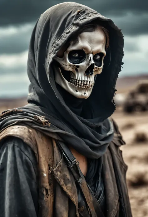 (Realistic:1.4), analog photo style, depth of  field,  Vivid colors, fragile, vulnerable, female reaper, sad, worried expression, looking away, professional photoset in post-apocalyptic style, insanely detailed, intricate wasteland  landscape background,  ...