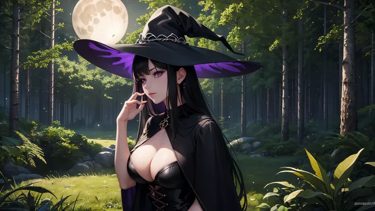 1 girl, 25 year old, black hair, purple eyes, white skin, big , nice body shape, sitting in forest, portrait, witch clothes, black clothes color, witch hat, realistic drawing, rendered in unreal engine 5, high quality, background in the forest, night light...