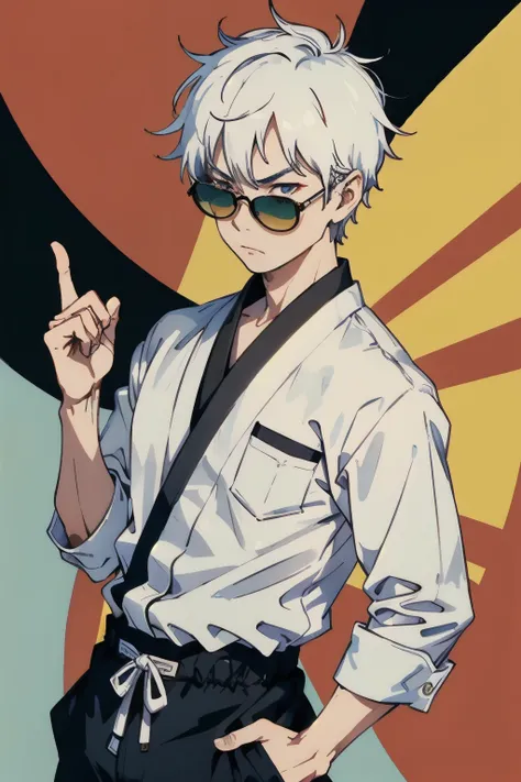 jujutsu, gojo, boy with white hair, round black sunglass, hands on the pocket, jujutsu outfit, satding in style