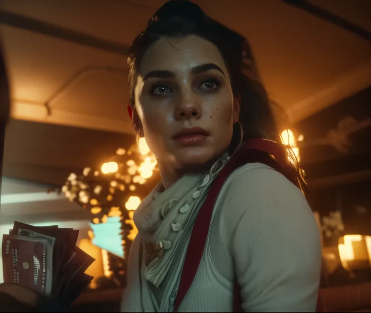 there is a woman holding a bunch of money in her hand, as the protagonist of gta 5, 2020 video game screenshot, ariana grande in gta v, ps5 cinematic screen capture, solo female character, gta character, margot robbie in gta v, as a character from gtav, in...