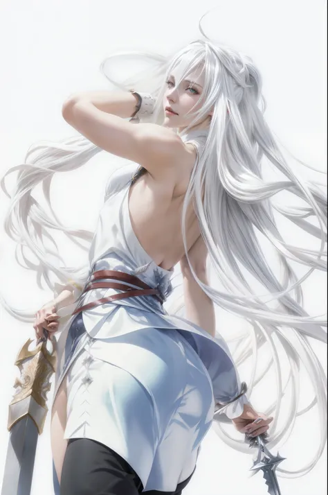 anime girl with long white hair and a sword in her hand, white haired deity, cushart krenz key art feminine, knights of zodiac girl, white haired, ashe, silver hair (ponytail), aqua from konosuba, perfect white haired girl, white haired lady, white-haired,...