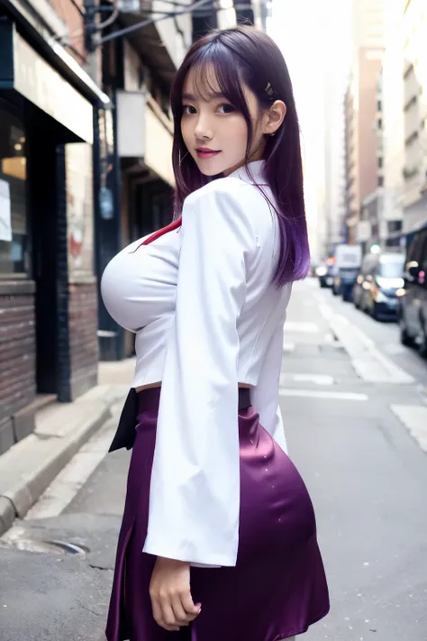 ((masutepiece)), ((Best Quality)), (Ultra-detailed), ((Extremely detailed)), 4K, (8K), Best Quality, (Beautiful), city, backstreet, Winters, Cute  s, 1girl in, Solo, Anime-style costumes, Beautiful purple hair 0, ((Beautiful eyes)), large full breasts, bea...